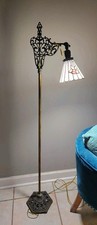 Tiffany-Style Stained Glass Bridge Arm Table Lamp with Bronzed Metal Base — listing 4