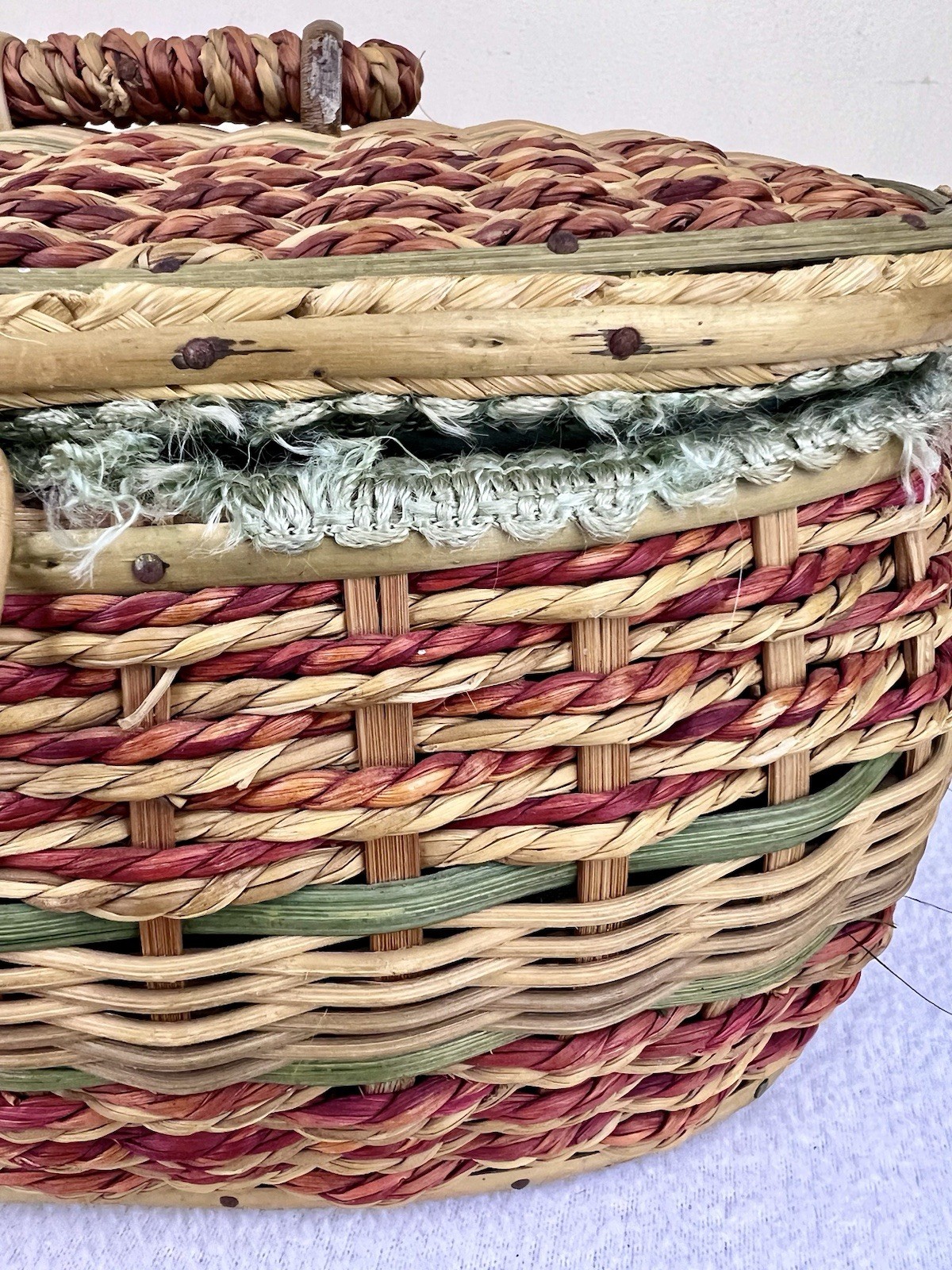 Vintage Sewing Basket Faux Ratan Wicker Sea Foam Green Satin Lining Japan 10.5”