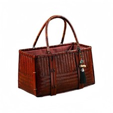 Handmade Bamboo Woven Handbag Basket Vintage Style Deep Red Japan Style