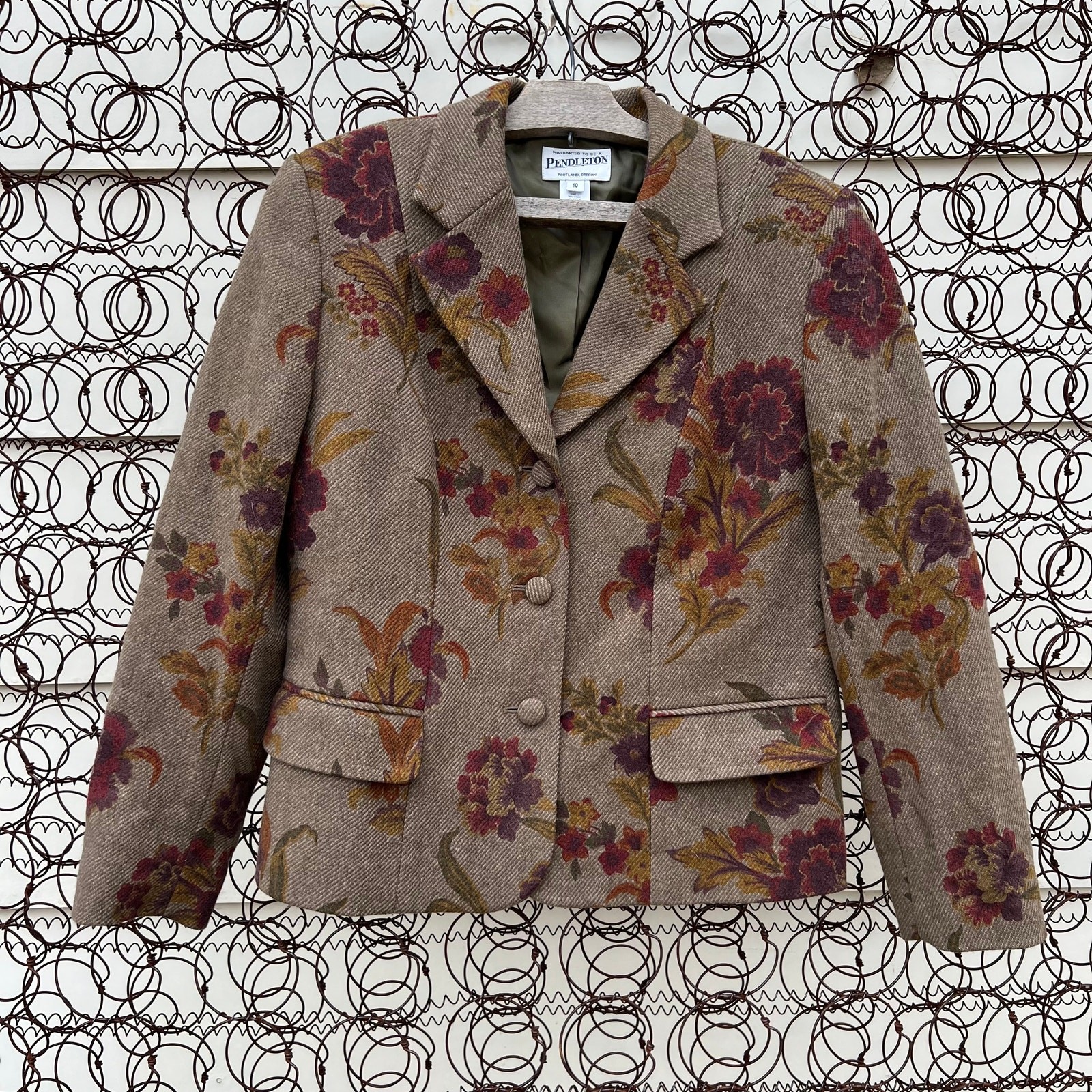 Pendleton Green Floral Leaf Fall Wool Blazer Size… - image 1