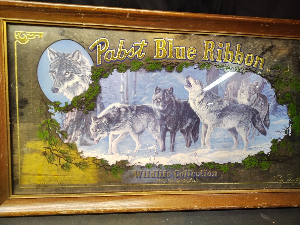 Vintage Pabst Blue Ribbon Timber Wolves Bar Mirror Wildlife