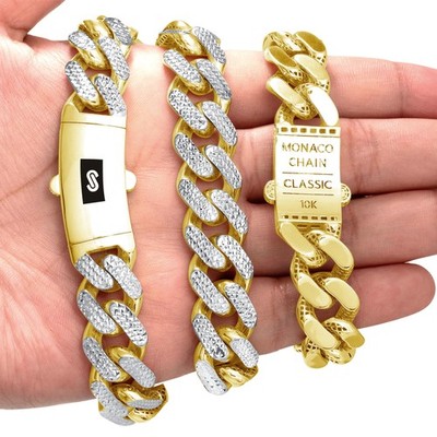 Nuragold 10K Gelbgold Monaco Cuban Link Diamantschnitt Pave Armband 15mm 8 Zoll