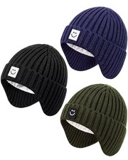 3 Pack Baby Beanie Hats with Earflaps, 2 Size Baby 6-24 Months Black navy army