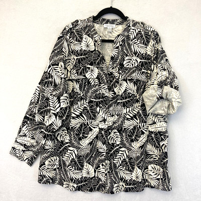 Calvin Klein Roll Tab Linen Blend Button Up Shirt Women's Size 2X Black Tropical