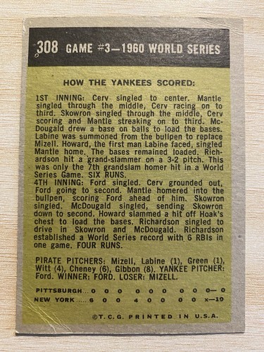1961 Topps - 1960 World Series Game #3 Bobby Richardson Is Hero #308 - Picture 2 of 2