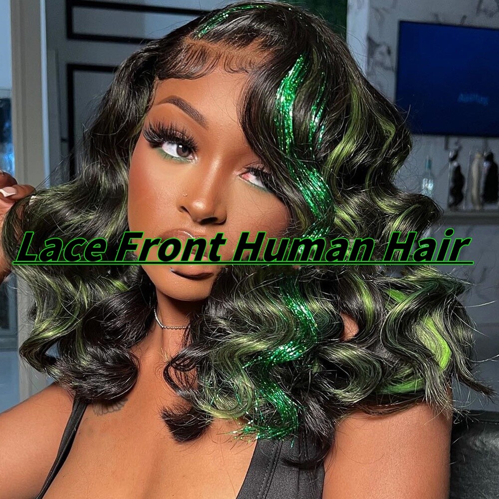 Short Highlight Green 4x4 Lace Front Human Hair Wigs  display picture 1