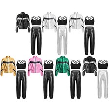 Kids Girls Jacket Sweatpants Dance Outfits Stand Collar Sports Set Hip Hop Jazz