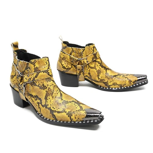 Men High Heel Rivets Snakeskin Pattern Serpentine Leather Metal Toe Ankle Boots - Picture 4 of 22