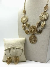 Charming Charlie Gold Tone Filigree Medallion Necklace Dangle Hoop Earring Set