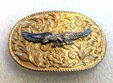 Vintage Western Belt Buckle Eagle in Flight - Gold Background, Silver Eagle