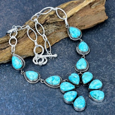 Blue Turquoise Gemstone Handmade 925 Sterling Silver Jewelry Necklace For Her
