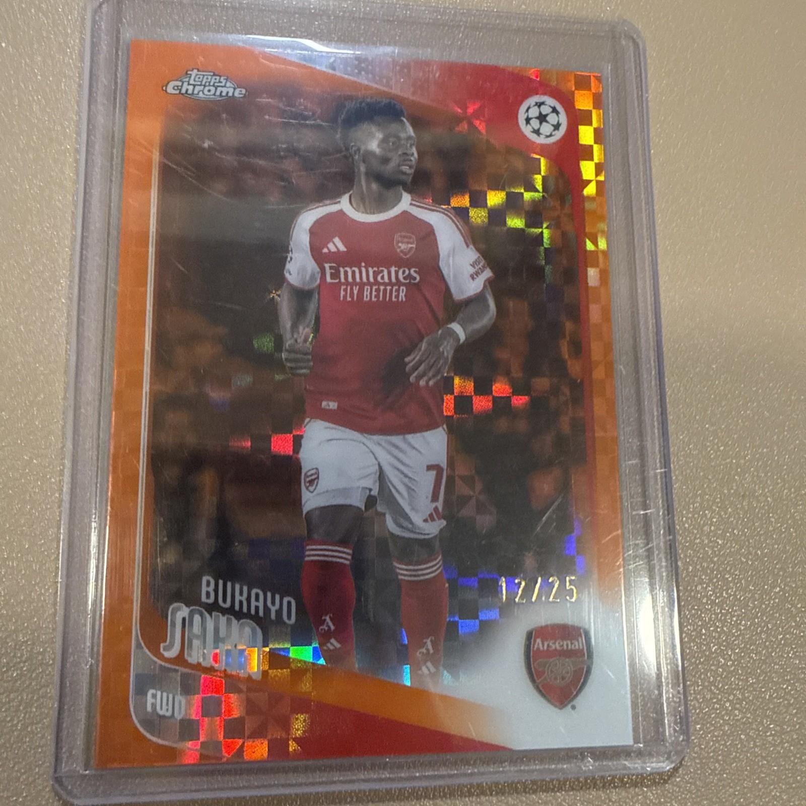 2025-26 Topps Chrome UEFA CC Bukayo Saka Orange Geometric Refractor #/25 Arsenal