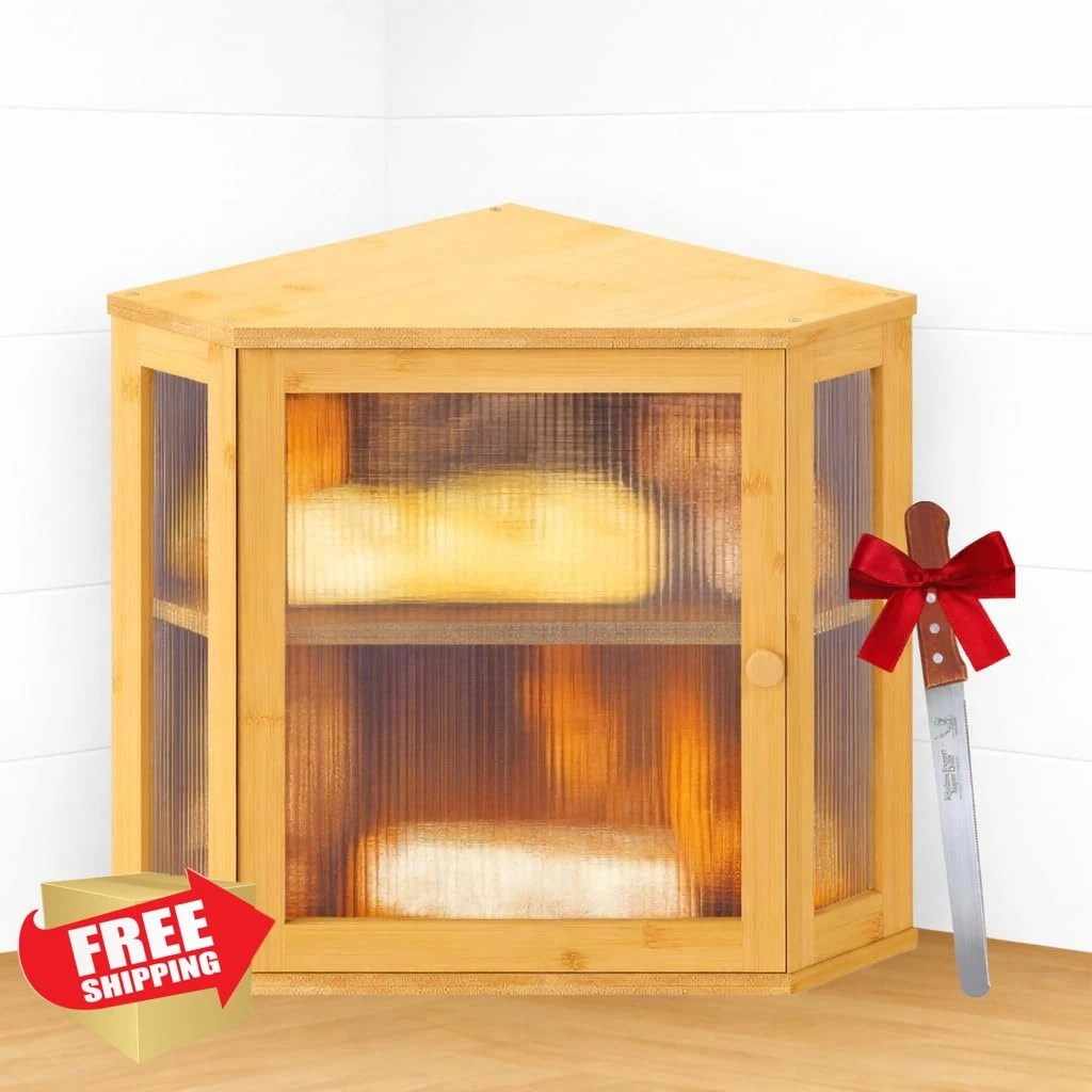 Bamboo Corner Bread Box 2 Tier Kitchen Countertop Storage Black