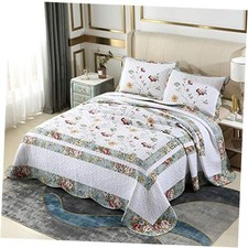 3-Piece Embroidered Cotton Quilt Set Elegant Reversible Oversize Queen Floral
