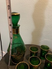 Vintage Italian Emerald Green Glass Decanter set gold-gilt shot glasses 7pc MCM