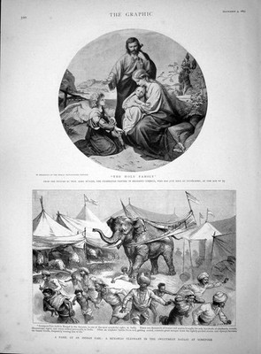 Alter antiker Druck 1893 Heilige Familie Indianer Jahrmarkt Elefant Basar Sonepore 19.