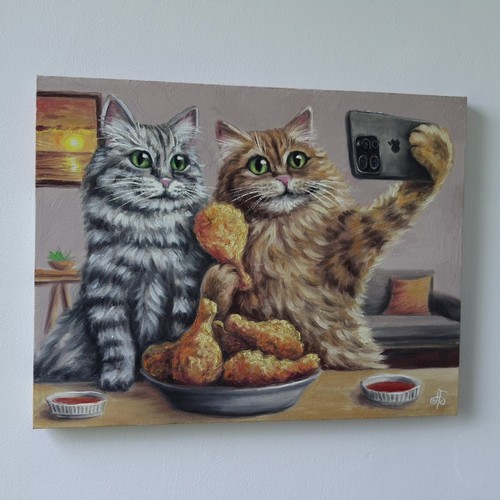 Ukrainian Artist Oil Painting Cat Couple Selfie Humor Wall Art Home Decor Gift - Picture 6 of 24