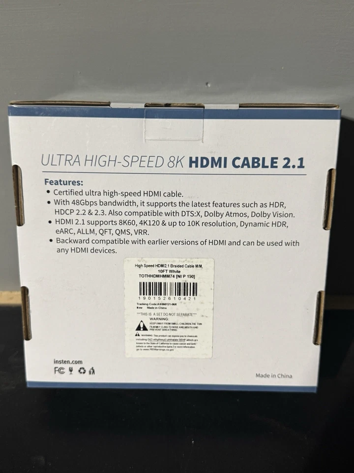 Insten 10ft HDMI Male to Male Cable 2.1, 8K 60Hz, 48Gbps, Gold Connectors, White - Image 2 of 4