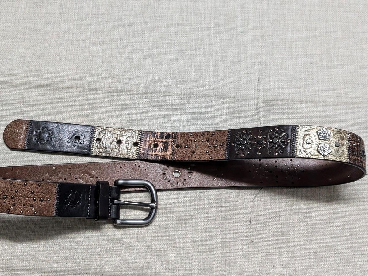 vintage Y2K leather belt FOSSIL patchwork 36 floral STUDDED  display picture 2