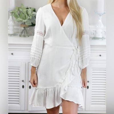 LUSH Resort Wrap Deep V-Neck Flirty Coastal Festival Mini Dress White Size S