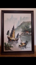 Vintage 1960s Colourful Kitsch Chinese Junk Boat Seascape Oil On Canvas Paper.