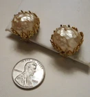 Vintage Miriam Haskell Faux Baroque Pearl Button Gold-tone Clip Earrings as is