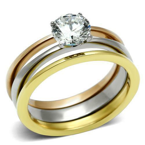 Engagement ring set 1 carat stainless steel rose gold wedding bands 2 pieces 620-image