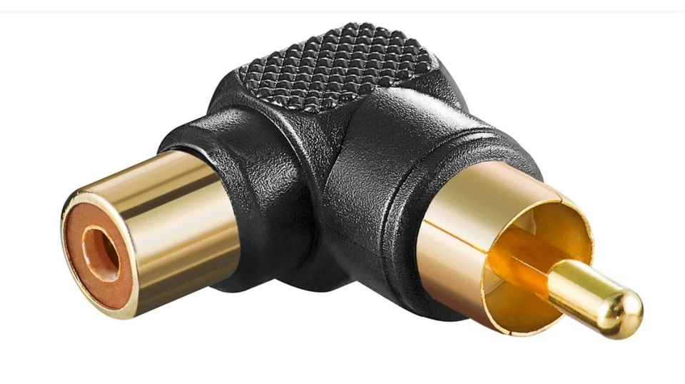 Adaptateur RCA 90° Audio Noir Mâle Femelle Or Angulé M F Câble Prolongateur PC - Photo 1/1