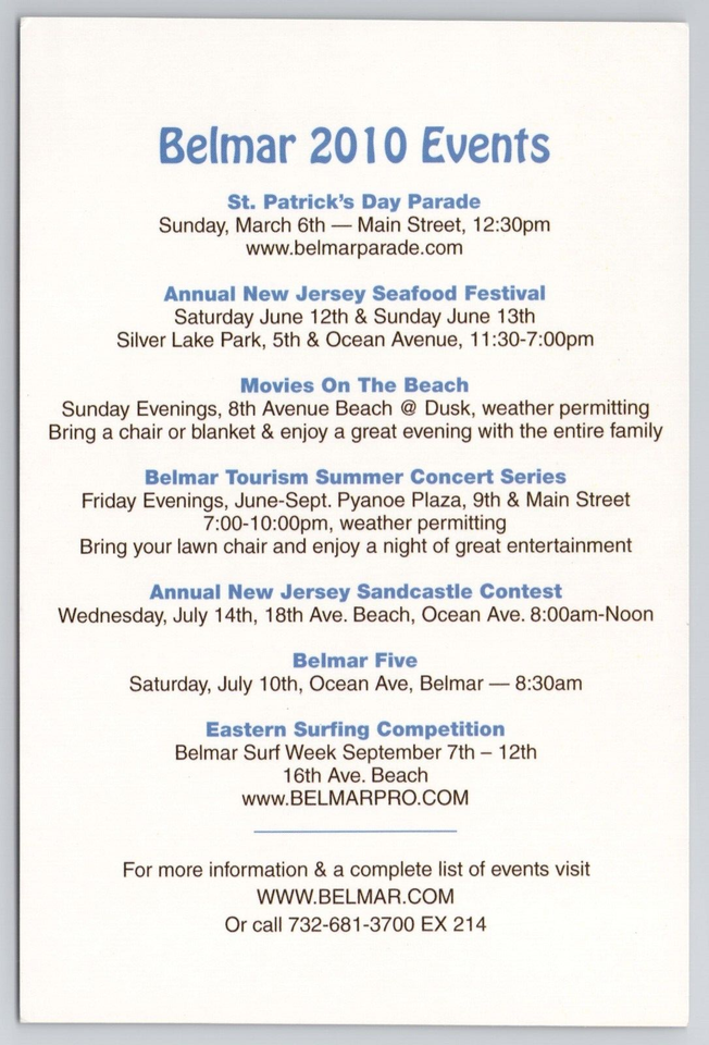 Belmar New Jersey NJ Events 2010 Advertising Postcard Fireworks Night