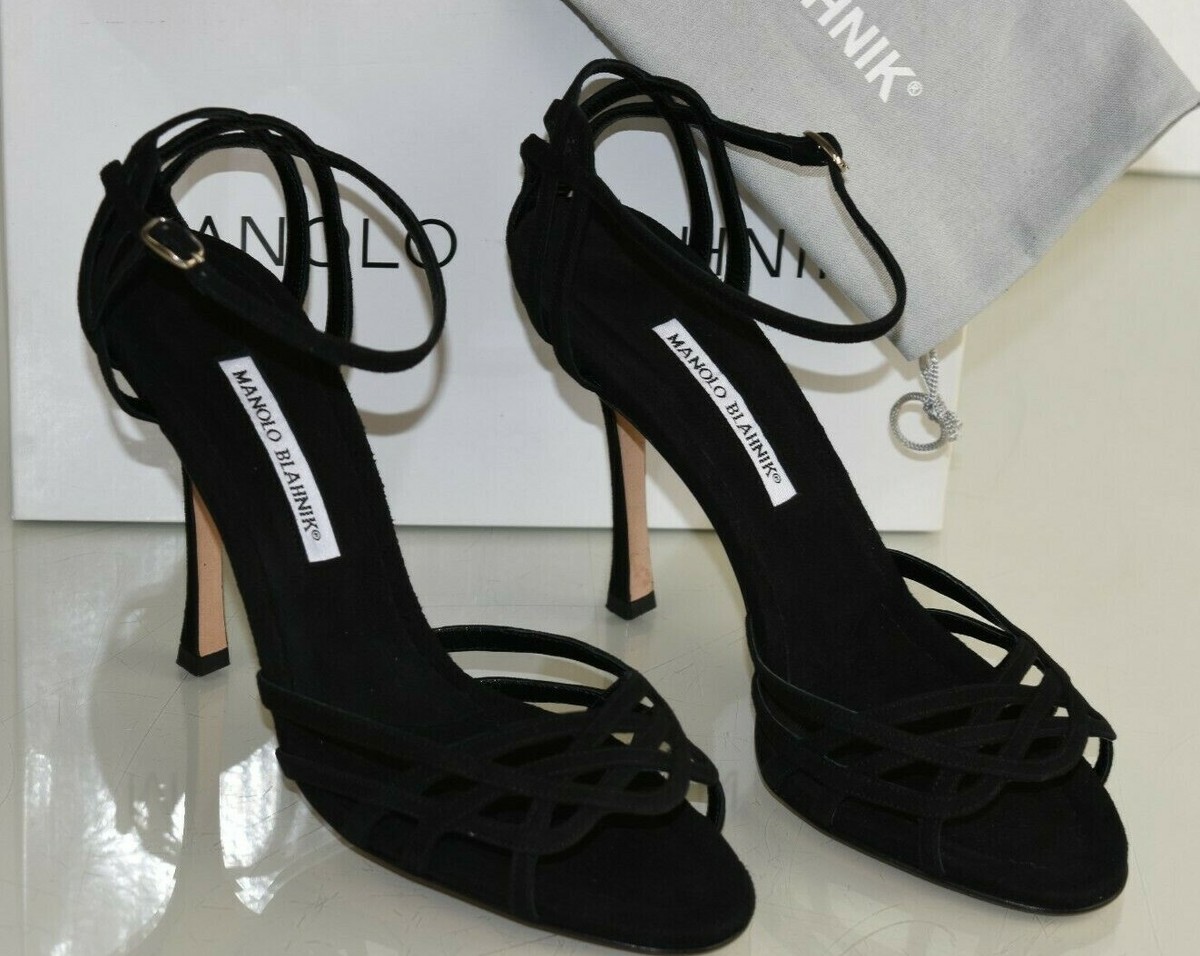 NEW Manolo Blahnik AZION 105 Black Suede Sandals Strappy Heels