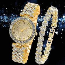 2 Pc Shiny Rhinestone Golden Luxury Watch Quartz Movement Bracelet Women Gift