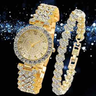 2 Pc Shiny Rhinestone Golden Luxury Watch Quartz Movement Bracelet Women Gift