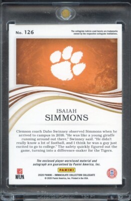2020 Immaculate Collegiate #126 Isaiah Simmons Rookie Patch Auto