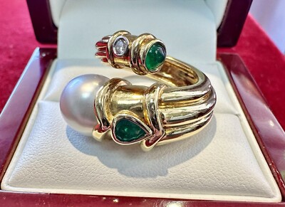 Yellow Gold White Pearl , Diamond & Emerald 18k Ring Size 7 