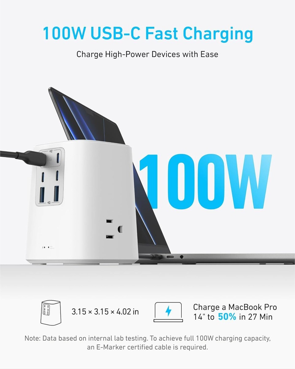 Anker Charging Station (100W), 9-in-1 USB-C Power Strip with 300J Surge Protection, for iPhone 16 & MacBook, 5 ft Flat Cable and Plug, 4 USB-C and 2 USB-A Ports, 3 AC Outlets