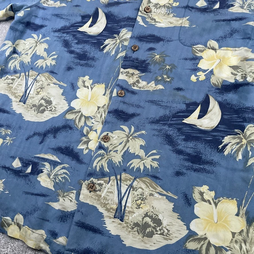 Hilo Hattie Shirt Men 2XL XXL Blue Hawaiian Aloha Sailing Silk Button Up Travel - Image 4 of 4