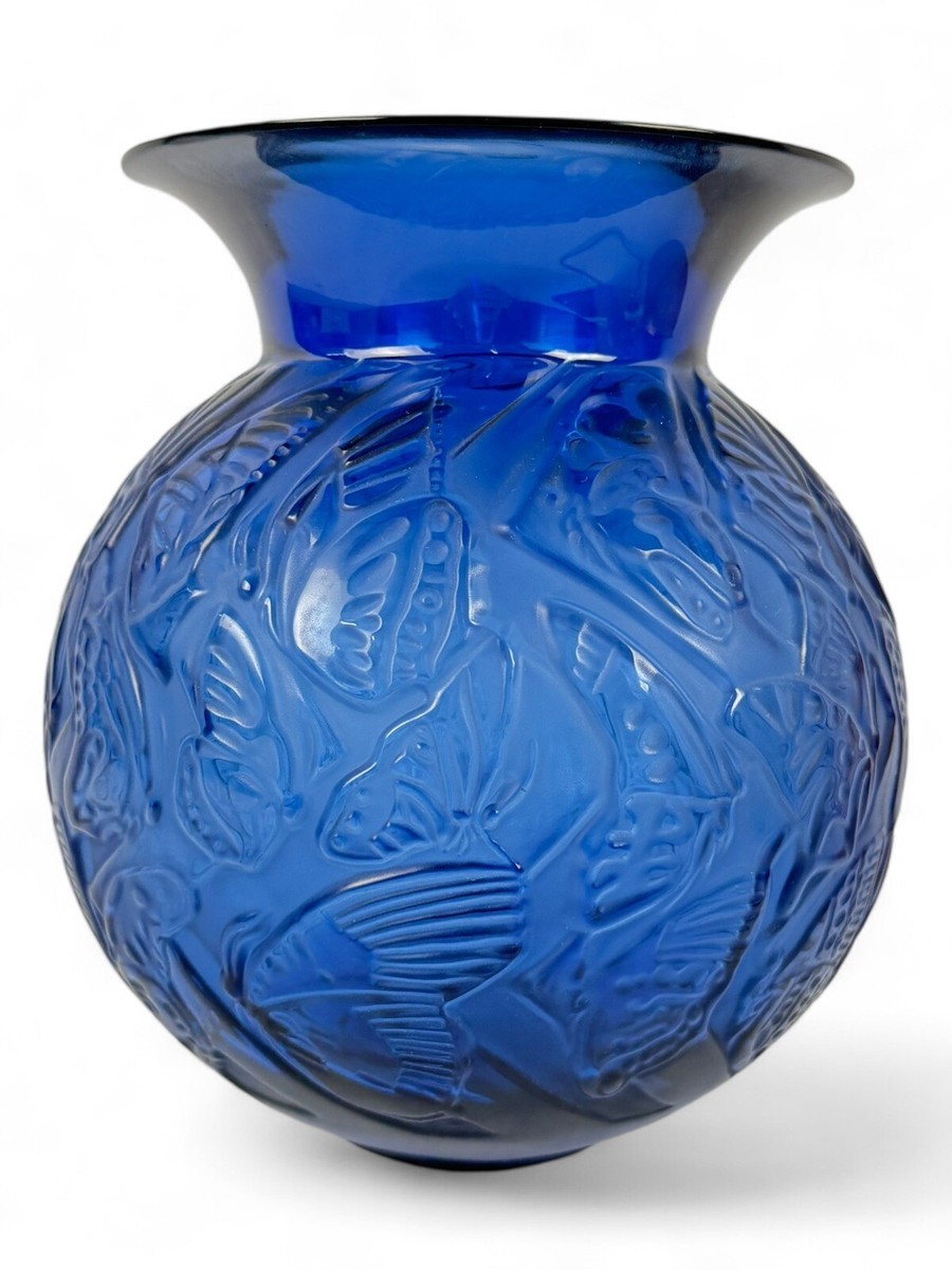 工芸品 VINTAGE LALIQUE Lalique France Vintage Blue Glass Nymphale Large Butterfly Vase 8