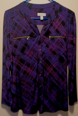 Susan Graver QVC Shirt Purple Black button Top long sleeve V Neck Women's Medium