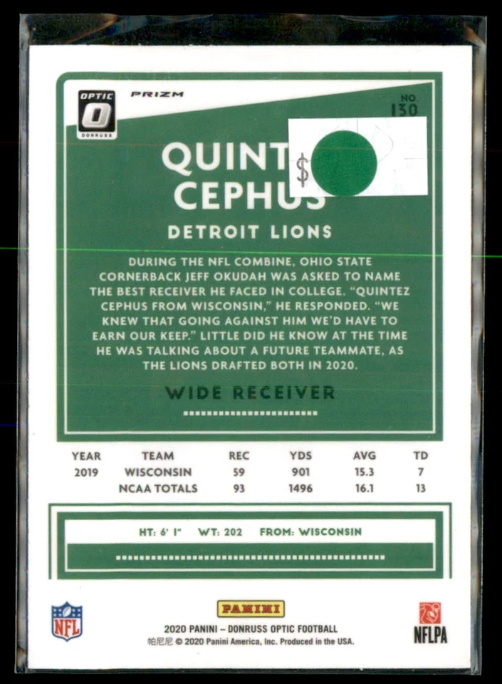 2020 Panini Donruss Optic Football Blue Scope Prizm Quintez Cephus Lions 130 RC - Image 2 of 2