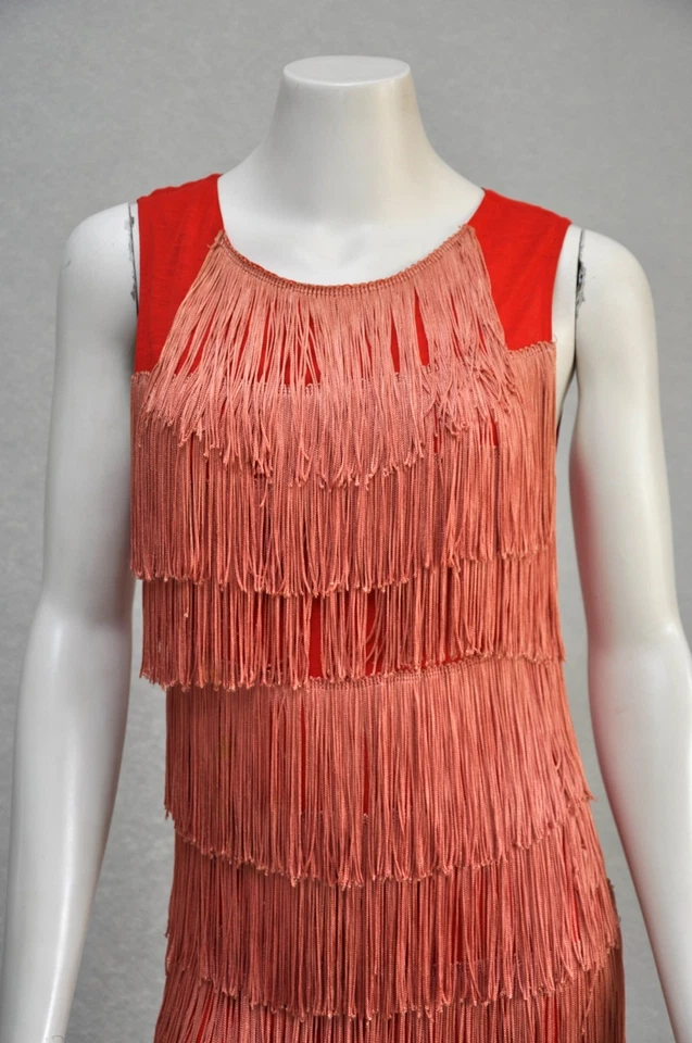 Vestido de fiesta vintage años 60 naranja rojo sin mangas flecos aleta nuevo XS/S Foto 2 de 4