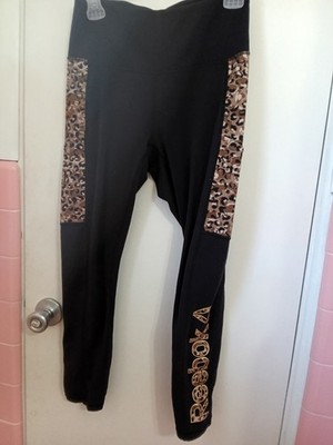 Reebok Leggings Black with Leopard print and matching graphics on the lower leg.