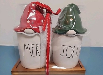 Rae Dunn Christmas Merry And Jolly Canister Set NEW Gnome Red Green 2021