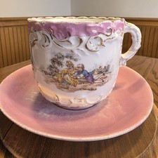 Victorian German Mustache Cup And Saucer Pink Gold Gilded Porcelain Germany 