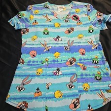 Daffy Tweety Pig Looney Toons Women Scrub Top V-Neck Medical Uniform Shirt S