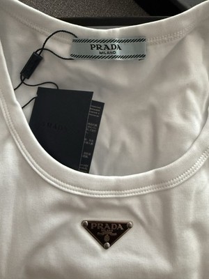 Prada Damen Trägershirt S Weiß Logo Rundhals Basic ärmellos breite Träger