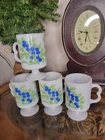 VTG 70’s Milk Glass Pedestal Mugs w/Blueberries Rare USA Set of 4
