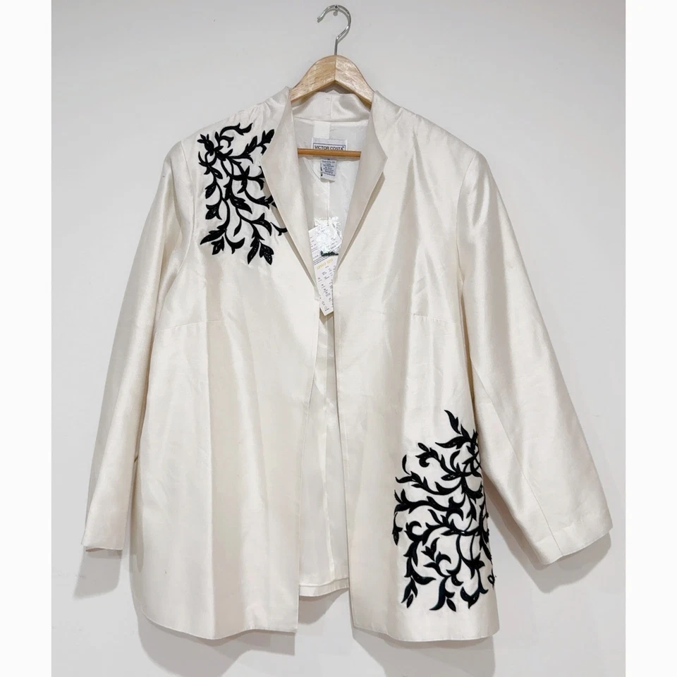 Chaqueta Blazer Victor Costa QVC 100% Seda Bordada Blanco Ocasión Talla 1X Foto 3 de 4