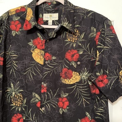 Men s L Tropical 100% Cotton Hawaiian Shirt Casual Red Hibiscus Pineapples
