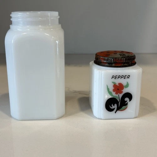 Lot of 2 Vintage Milk Glass Spice Items Pepper Shaker & Jar Farmhouse