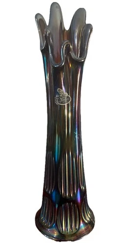 Vtg Fenton Diamond Rib Amethyst Carnival Glass Vase 1970's 11-5/8"T Iridescent